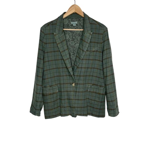 Sundance Long Sleeve Linen Blend Blazer Jacket Womens Medium Green Plaid Boho - Picture 2 of 10